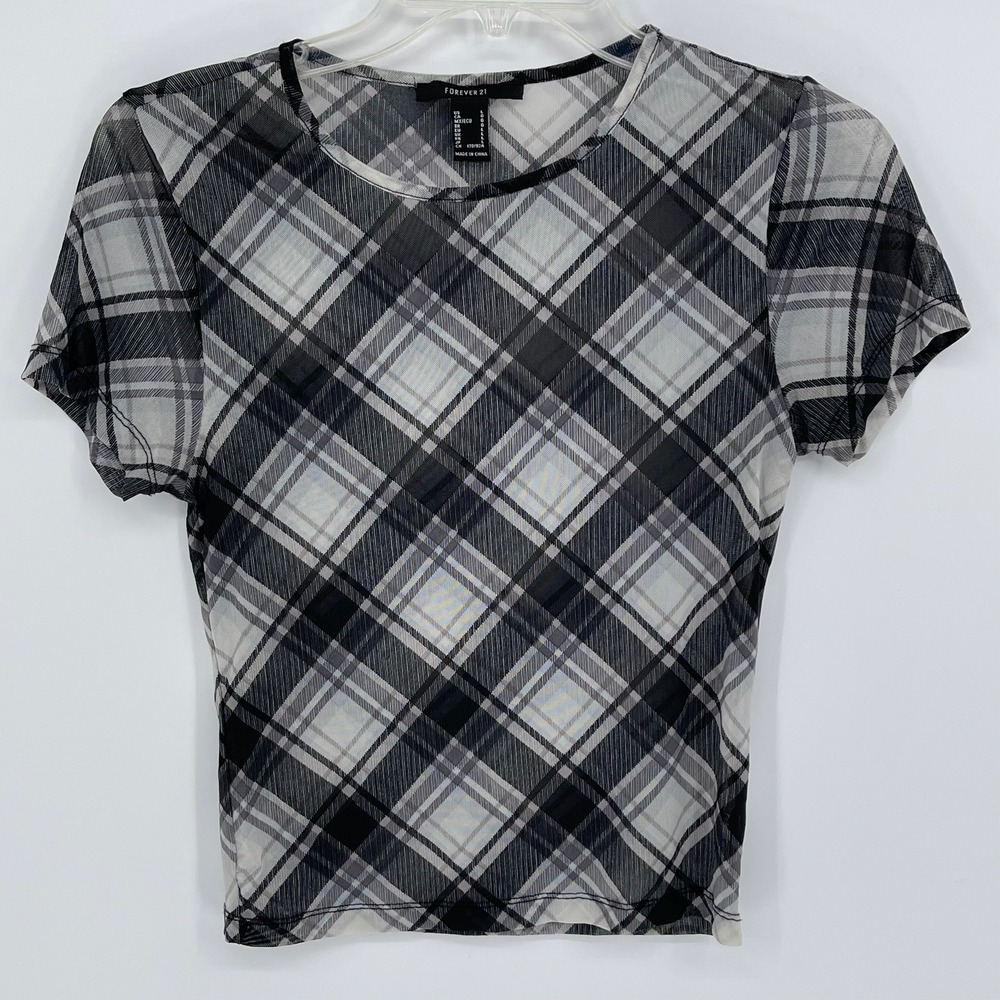 Forever 21 Women's Black White Plaid Mesh Short Sleeve Top Size L